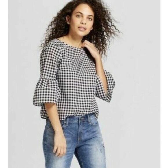 Jane and Delancey Gingham Pleated Bell Sleeve Top Black & Blue Size XL - Picture 1 of 8